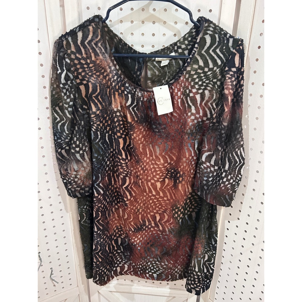 NWT EST 1946 19/20W Burnout Print Sheer Sleeve Top Tunic Brown Black Green